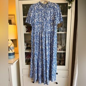 Zara Blue Floral Midi Oversized Ruffled Dress in size XS
